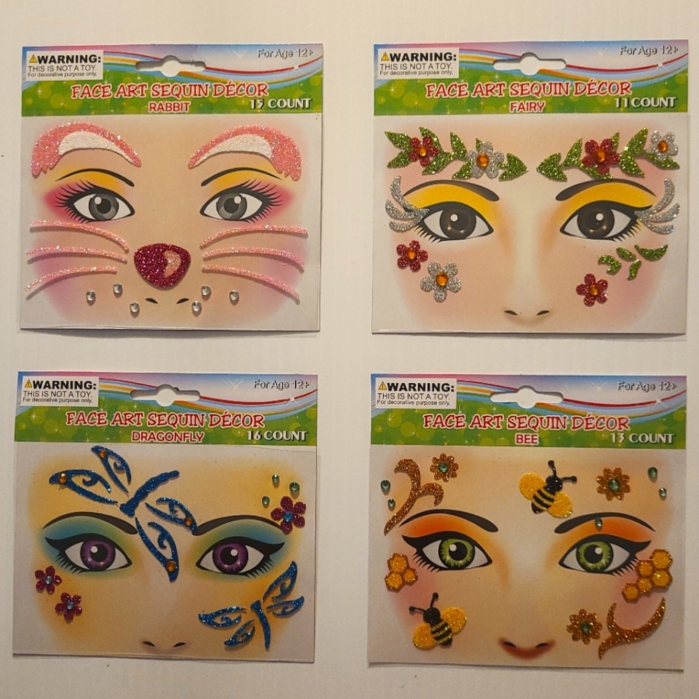 Stick-On Face Art Tattoo Sticker Glitter Butterfly Bee Rabbit Fairy 55 pcs Party